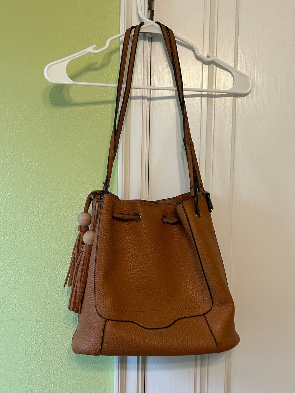Tan Pebbled Real Leather Bucket Bag with Tassel